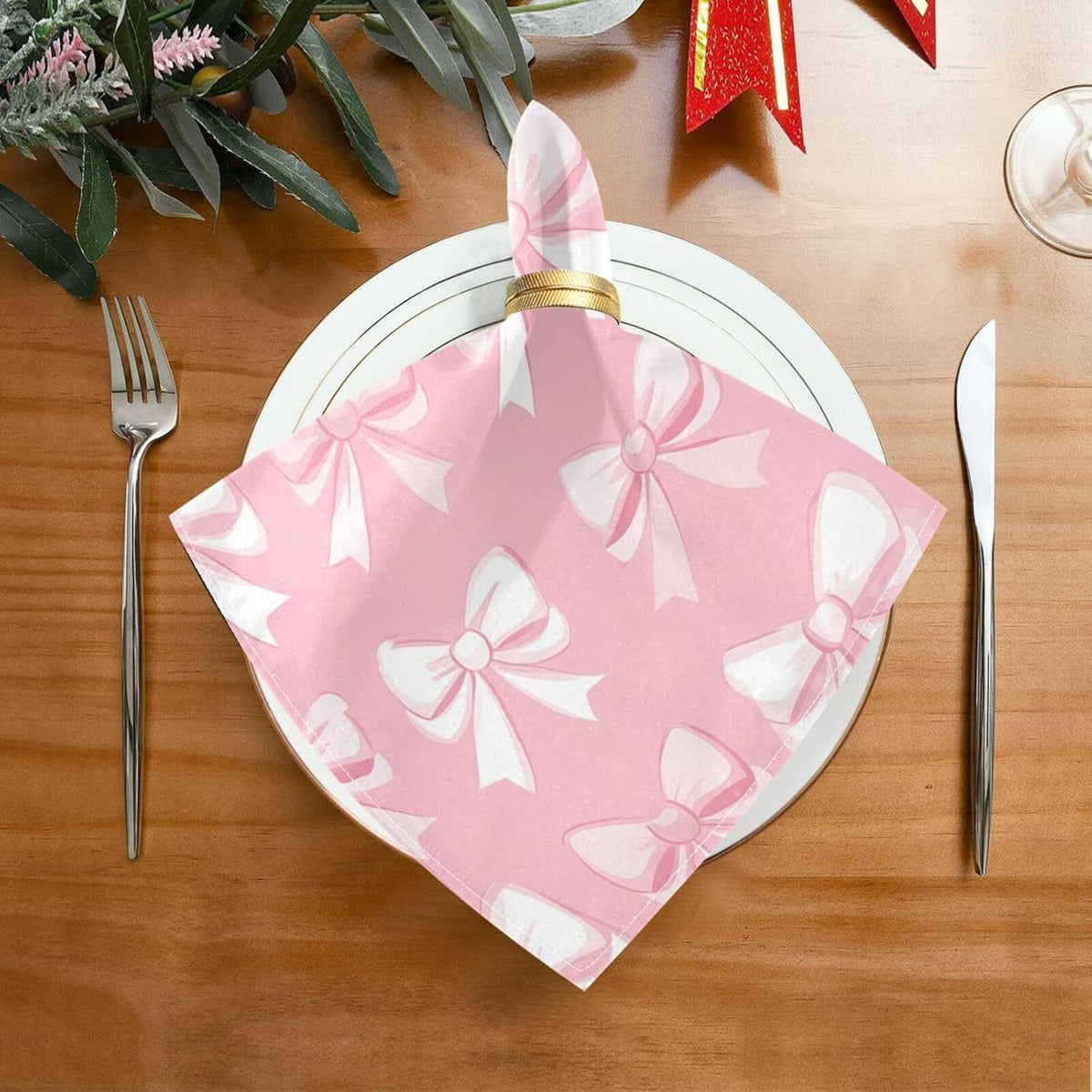 Bows with White on Blush Cloth Napkins Set of 6, Reusable Washable Dinner Table Napkins for Wedding Banquets Party Decor, 20x20 Inch