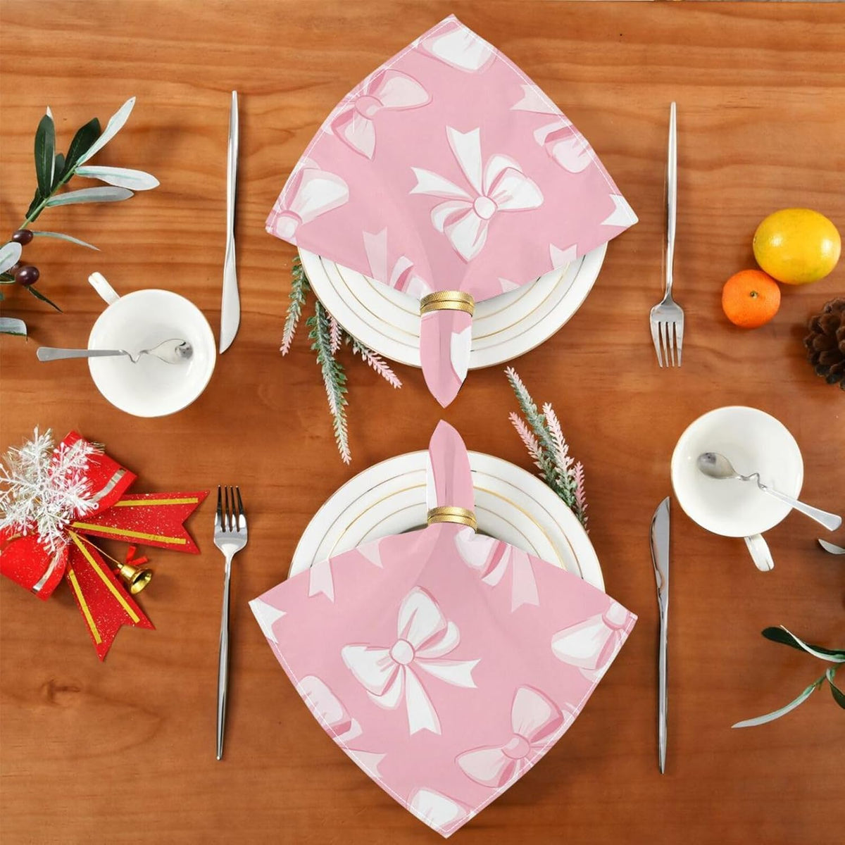 Bows with White on Blush Cloth Napkins Set of 6, Reusable Washable Dinner Table Napkins for Wedding Banquets Party Decor, 20x20 Inch