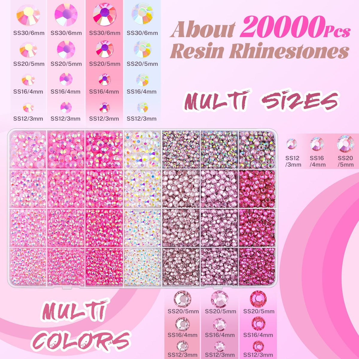 20000Pcs Pink Rhinestones for Bedazzling with B7000 Jewelry Glue, Resin Rhinestones for Crafting Crafts DIY, Bedazzler Kit Gems for Clothing Shoes Tumblers Fabric Nail Art Assorted Size 3/4/5/6mm