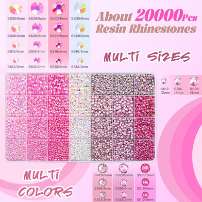 20000Pcs Pink Rhinestones for Bedazzling with B7000 Jewelry Glue, Resin Rhinestones for Crafting Crafts DIY, Bedazzler Kit Gems for Clothing Shoes Tumblers Fabric Nail Art Assorted Size 3/4/5/6mm