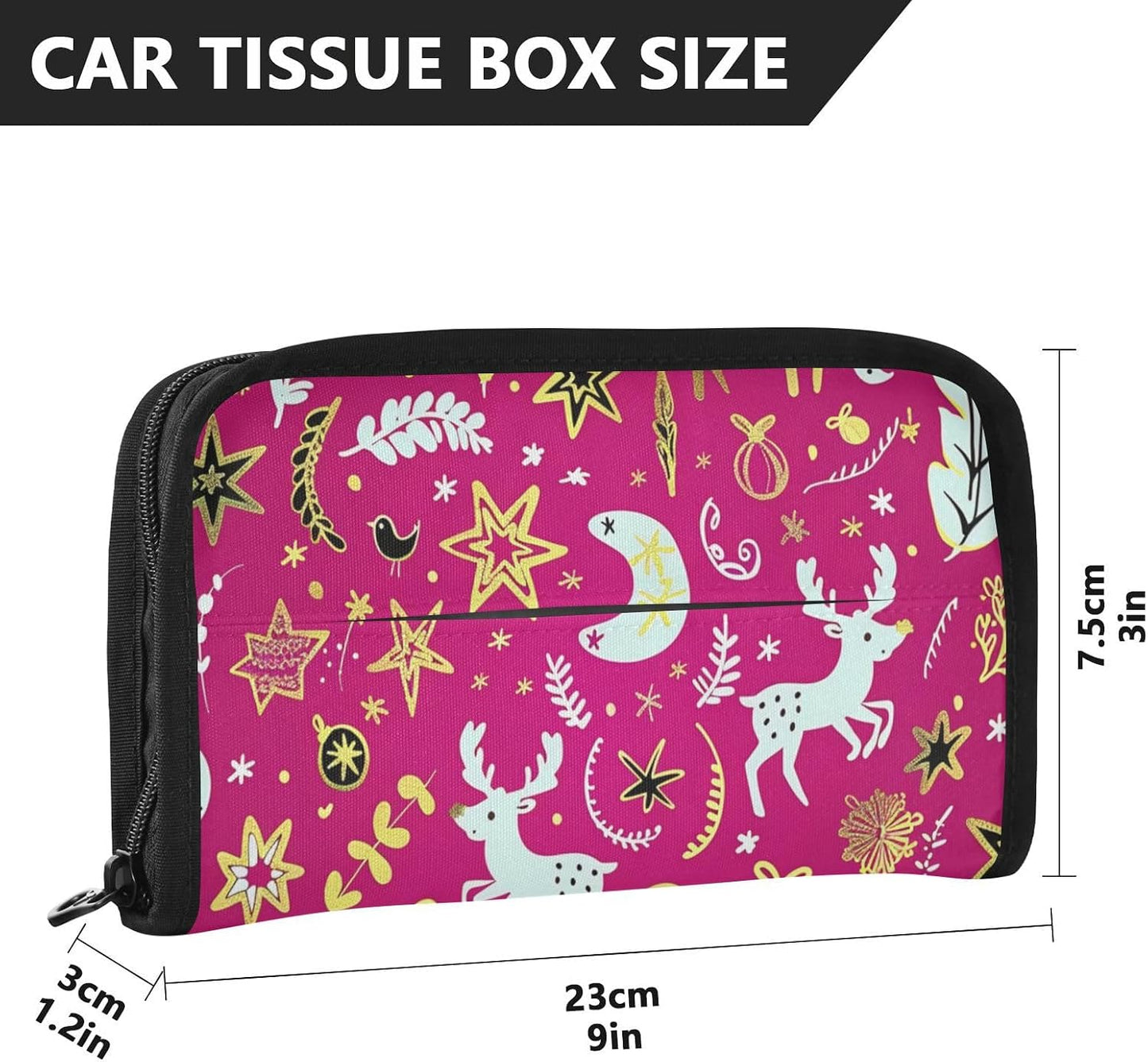 Hanging tissue box for car napkin holder sun visor with Adjustable straps & zipper Reusable tissue dispenser box for Autos Merry Christmas Gold Peach Deer