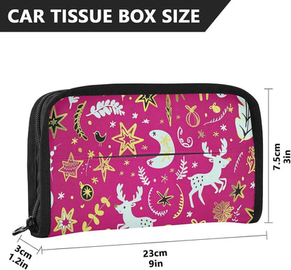 Hanging tissue box for car napkin holder sun visor with Adjustable straps & zipper Reusable tissue dispenser box for Autos Merry Christmas Gold Peach Deer