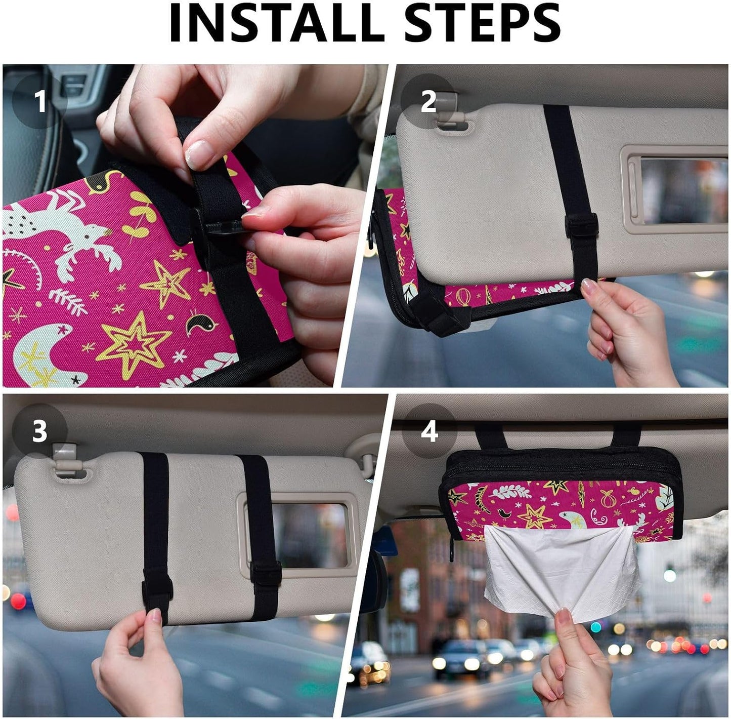 Hanging tissue box for car napkin holder sun visor with Adjustable straps & zipper Reusable tissue dispenser box for Autos Merry Christmas Gold Peach Deer