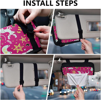 Hanging tissue box for car napkin holder sun visor with Adjustable straps & zipper Reusable tissue dispenser box for Autos Merry Christmas Gold Peach Deer