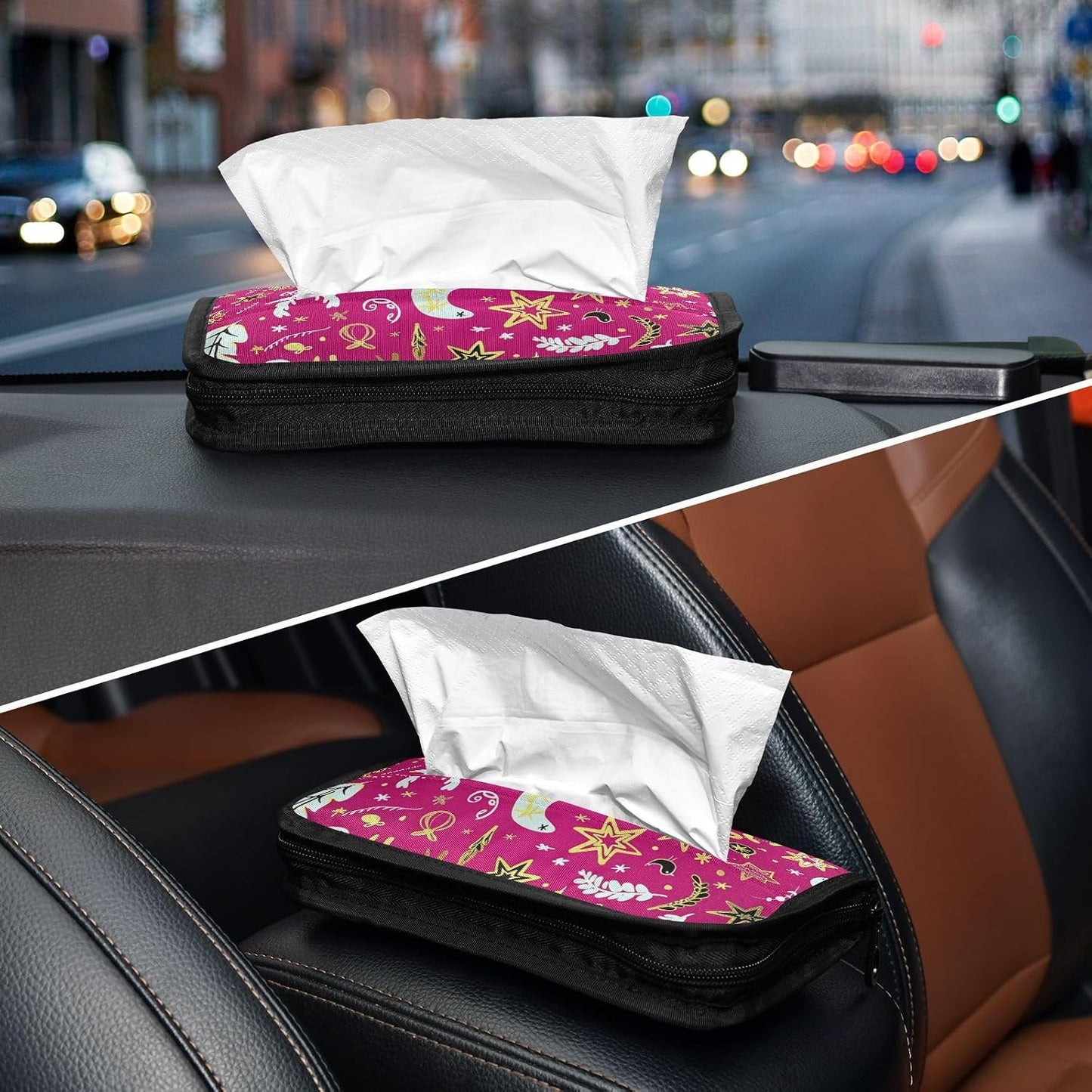 Hanging tissue box for car napkin holder sun visor with Adjustable straps & zipper Reusable tissue dispenser box for Autos Merry Christmas Gold Peach Deer