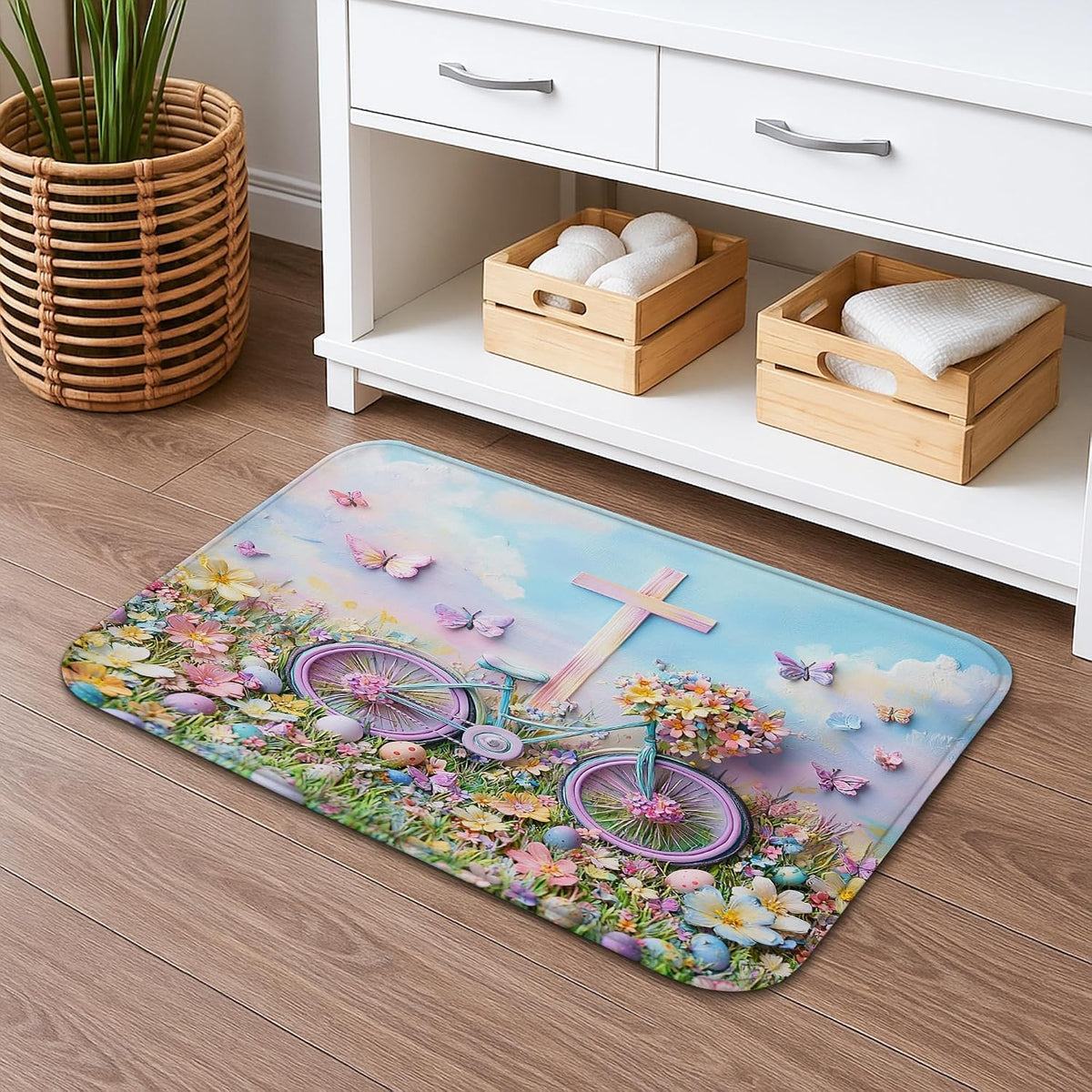 Floral Bike Quick Dry Bath Mat, Fanciful Peach Butterflies Absorbent Non Slip Shower Mat, Spring Decorative Washable Bath Rugs for Bathroom Toilet Restroom 20x32 Inch