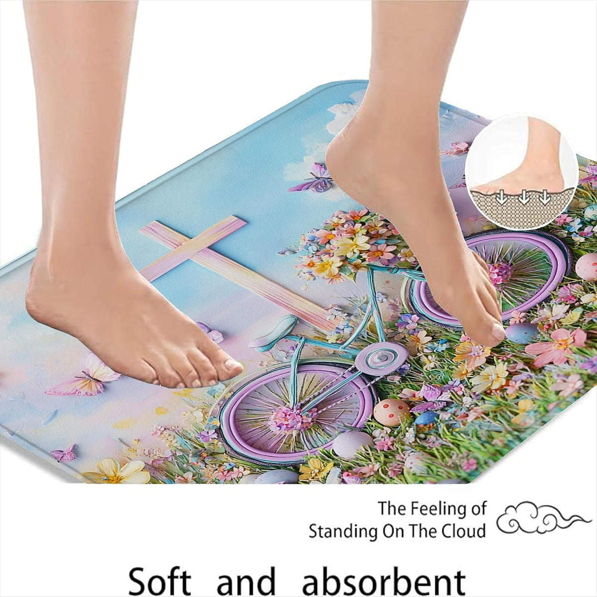Floral Bike Quick Dry Bath Mat, Fanciful Peach Butterflies Absorbent Non Slip Shower Mat, Spring Decorative Washable Bath Rugs for Bathroom Toilet Restroom 20x32 Inch
