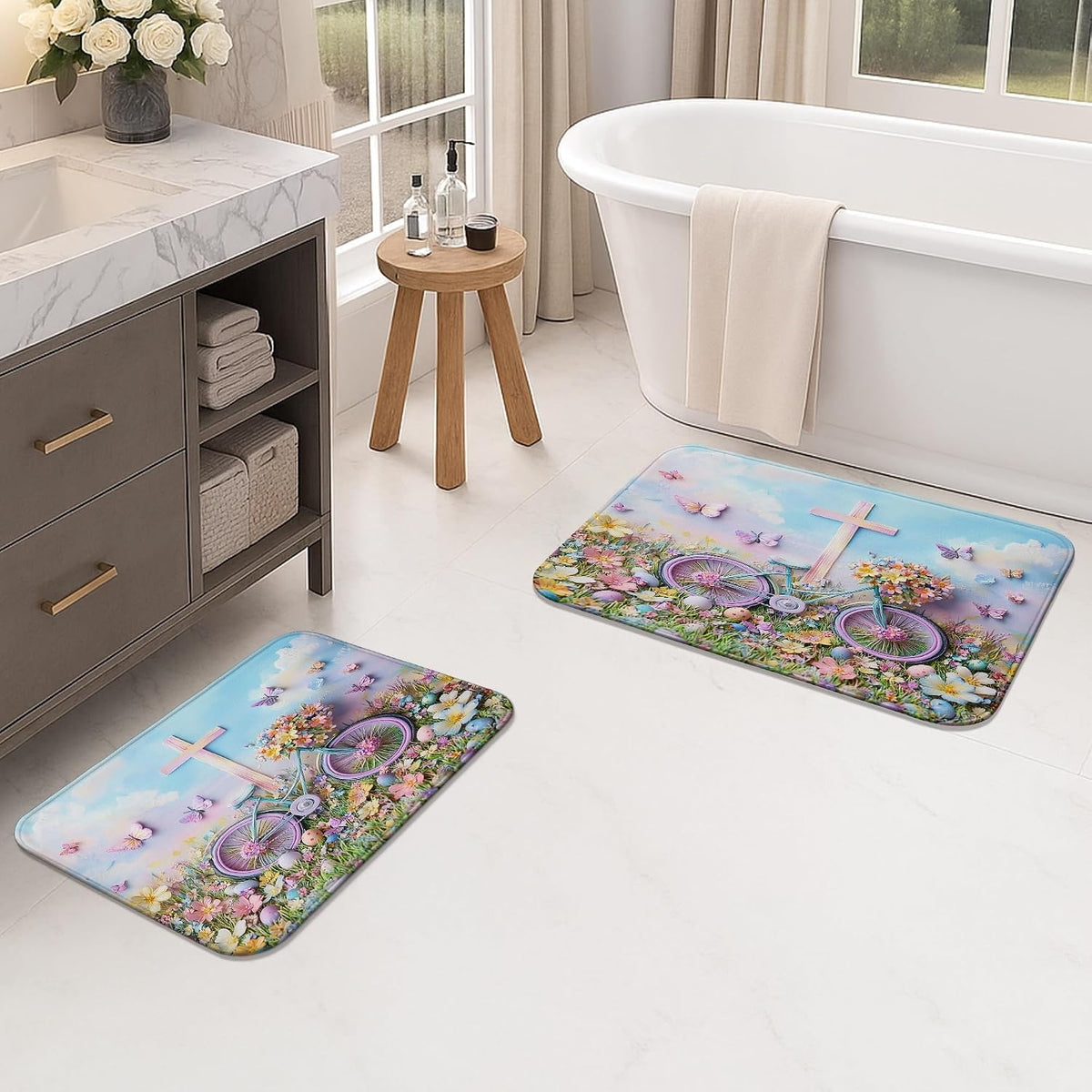 Floral Bike Quick Dry Bath Mat, Fanciful Peach Butterflies Absorbent Non Slip Shower Mat, Spring Decorative Washable Bath Rugs for Bathroom Toilet Restroom 20x32 Inch