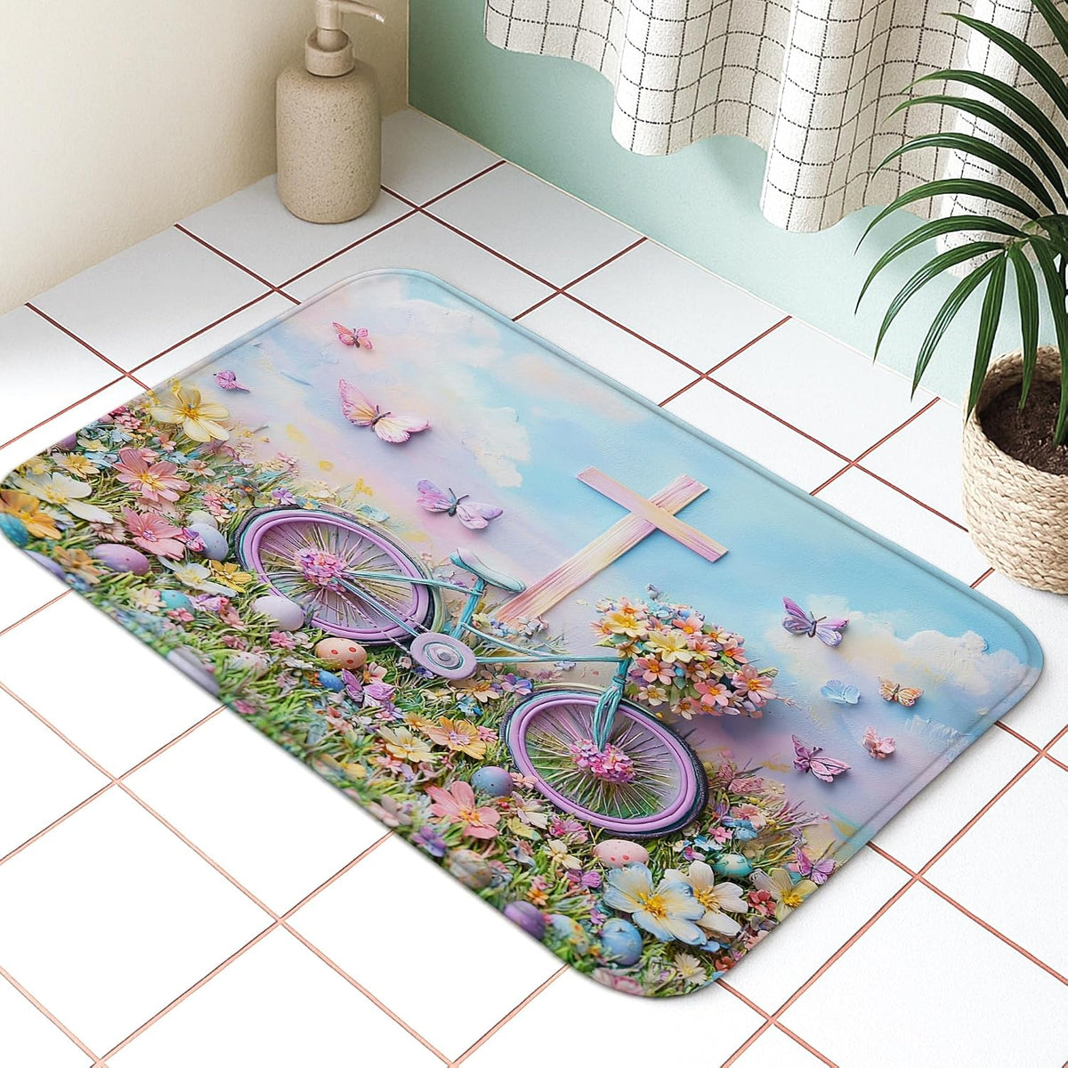 Floral Bike Quick Dry Bath Mat, Fanciful Peach Butterflies Absorbent Non Slip Shower Mat, Spring Decorative Washable Bath Rugs for Bathroom Toilet Restroom 20x32 Inch