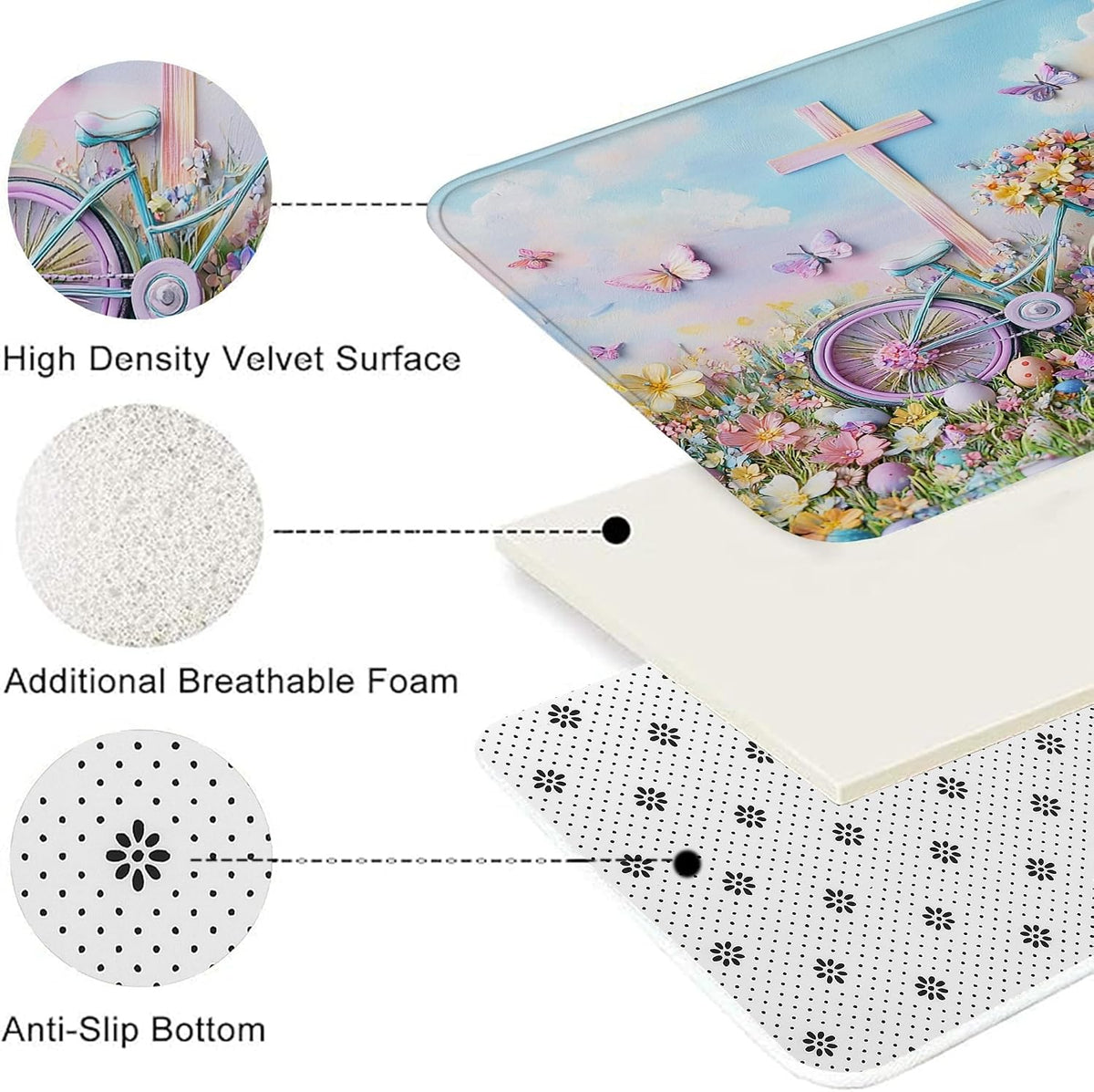 Floral Bike Quick Dry Bath Mat, Fanciful Peach Butterflies Absorbent Non Slip Shower Mat, Spring Decorative Washable Bath Rugs for Bathroom Toilet Restroom 20x32 Inch