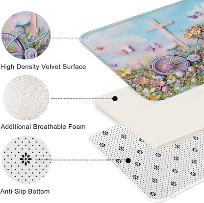 Floral Bike Quick Dry Bath Mat, Fanciful Peach Butterflies Absorbent Non Slip Shower Mat, Spring Decorative Washable Bath Rugs for Bathroom Toilet Restroom 20x32 Inch