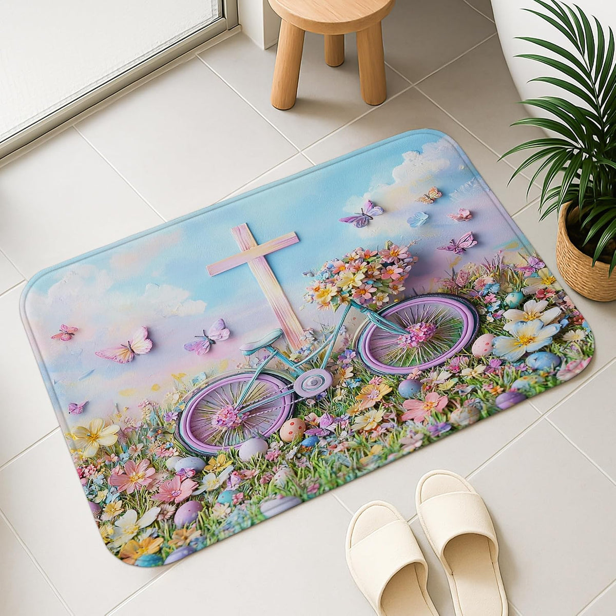 Floral Bike Quick Dry Bath Mat, Fanciful Peach Butterflies Absorbent Non Slip Shower Mat, Spring Decorative Washable Bath Rugs for Bathroom Toilet Restroom 20x32 Inch
