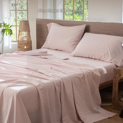 Sheet Set 100% Washed Cotton Linen-Like Extra Deep Pocket Queen