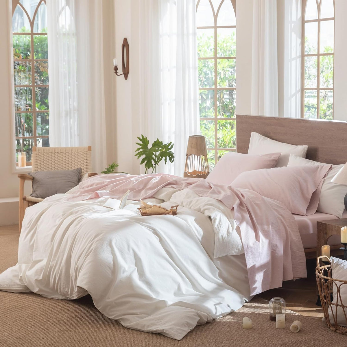 Sheet Set 100% Washed Cotton Linen-Like Extra Deep Pocket Queen