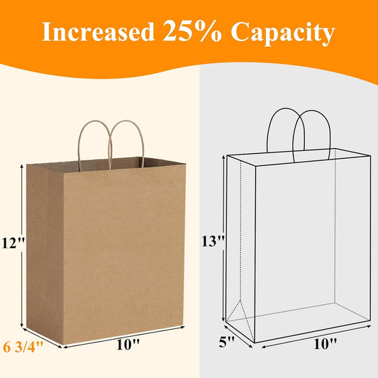 BagDream 10x6.75x12 100Pcs Brown Paper Bags with Handles Bulk, Kraft Shopping Merchandise Retail To Go Bags for Takeout Containers, Wider-gusset Recycled Paper Gift Sacks