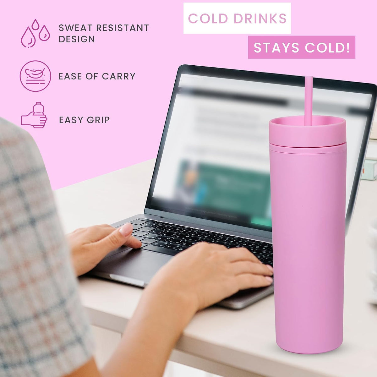 SKINNY TUMBLERS 4 Pack - Matte Pastel Colored Acrylic Tumbler with Lid and Straw- Perfect for Home, Travel |16oz Double Wall Reusable Plastic Tumbler w Straw Cleaner INCLUDED,LIGHT PINK