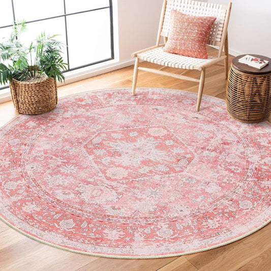 Round Rug 6ft Pink Washable Circle Area Rugs Low Pile Non Slip Floral
