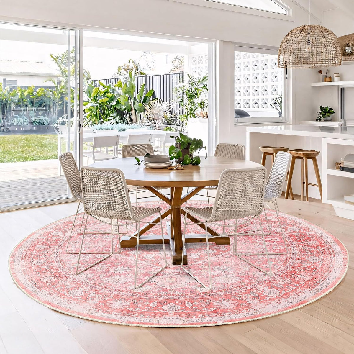 Round Rug 6ft Pink Washable Circle Area Rugs Low Pile Non Slip Floral