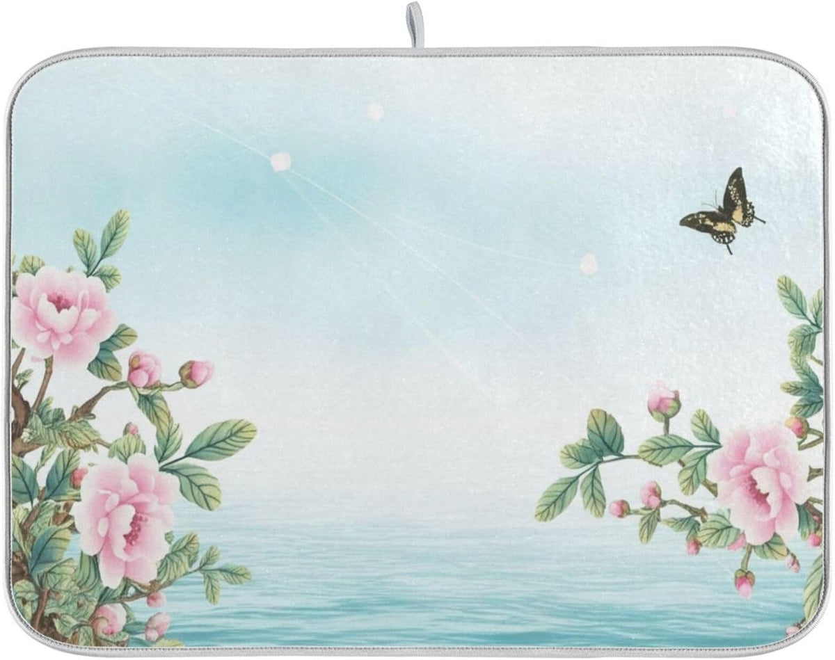 Dish Drying Mats for Kitchen Counter, Pink Floral Light Blue Coffee Bar Mat Reversible Absorbent Kitchen Drying Mat for Kitchen Counter Holiday Home Decoration Large 18 x 24 Inch