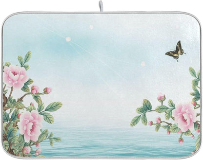 Dish Drying Mats for Kitchen Counter, Pink Floral Light Blue Coffee Bar Mat Reversible Absorbent Kitchen Drying Mat for Kitchen Counter Holiday Home Decoration Large 18 x 24 Inch