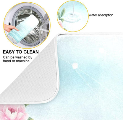 Dish Drying Mats for Kitchen Counter, Pink Floral Light Blue Coffee Bar Mat Reversible Absorbent Kitchen Drying Mat for Kitchen Counter Holiday Home Decoration Large 18 x 24 Inch
