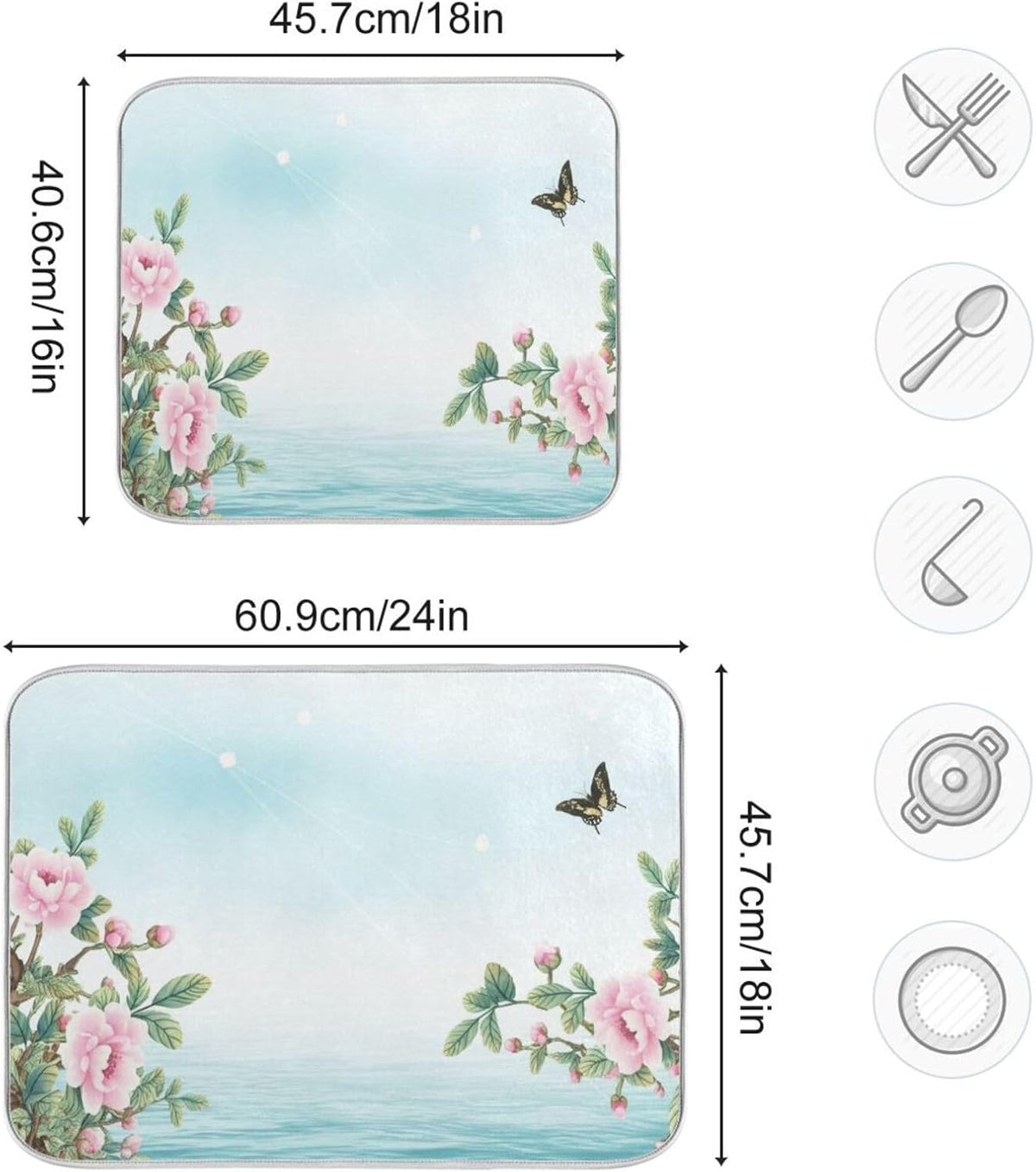 Dish Drying Mats for Kitchen Counter, Pink Floral Light Blue Coffee Bar Mat Reversible Absorbent Kitchen Drying Mat for Kitchen Counter Holiday Home Decoration Large 18 x 24 Inch