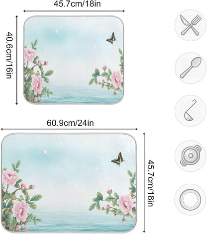 Dish Drying Mats for Kitchen Counter, Pink Floral Light Blue Coffee Bar Mat Reversible Absorbent Kitchen Drying Mat for Kitchen Counter Holiday Home Decoration Large 18 x 24 Inch