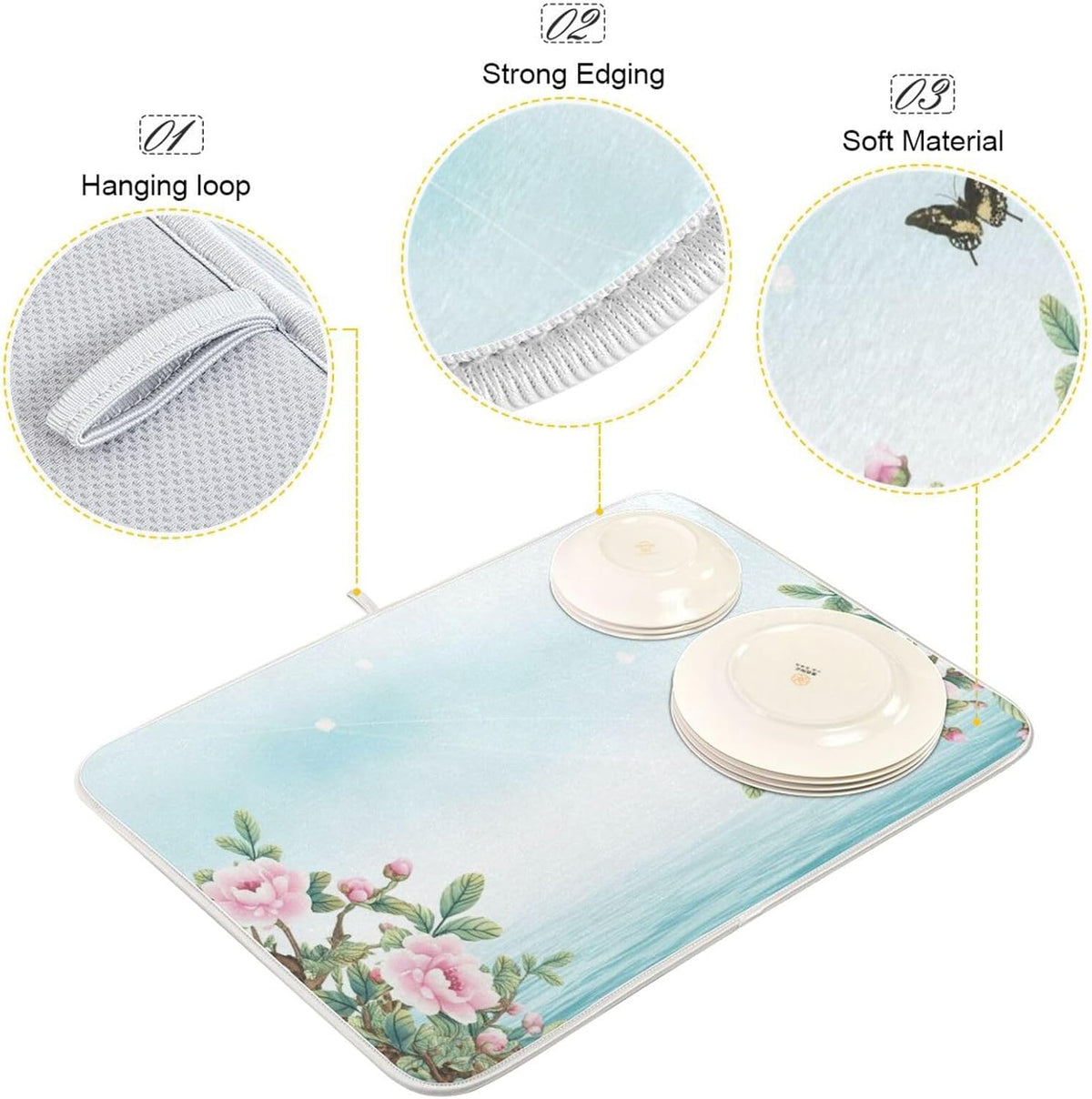 Dish Drying Mats for Kitchen Counter, Pink Floral Light Blue Coffee Bar Mat Reversible Absorbent Kitchen Drying Mat for Kitchen Counter Holiday Home Decoration Large 18 x 24 Inch