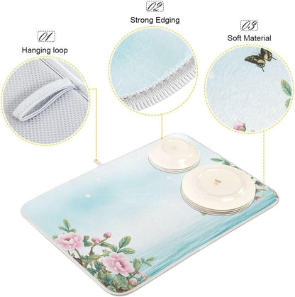 Dish Drying Mats for Kitchen Counter, Pink Floral Light Blue Coffee Bar Mat Reversible Absorbent Kitchen Drying Mat for Kitchen Counter Holiday Home Decoration Large 18 x 24 Inch
