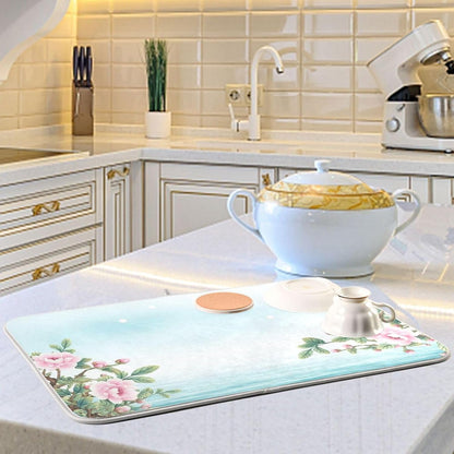 Dish Drying Mats for Kitchen Counter, Pink Floral Light Blue Coffee Bar Mat Reversible Absorbent Kitchen Drying Mat for Kitchen Counter Holiday Home Decoration Large 18 x 24 Inch