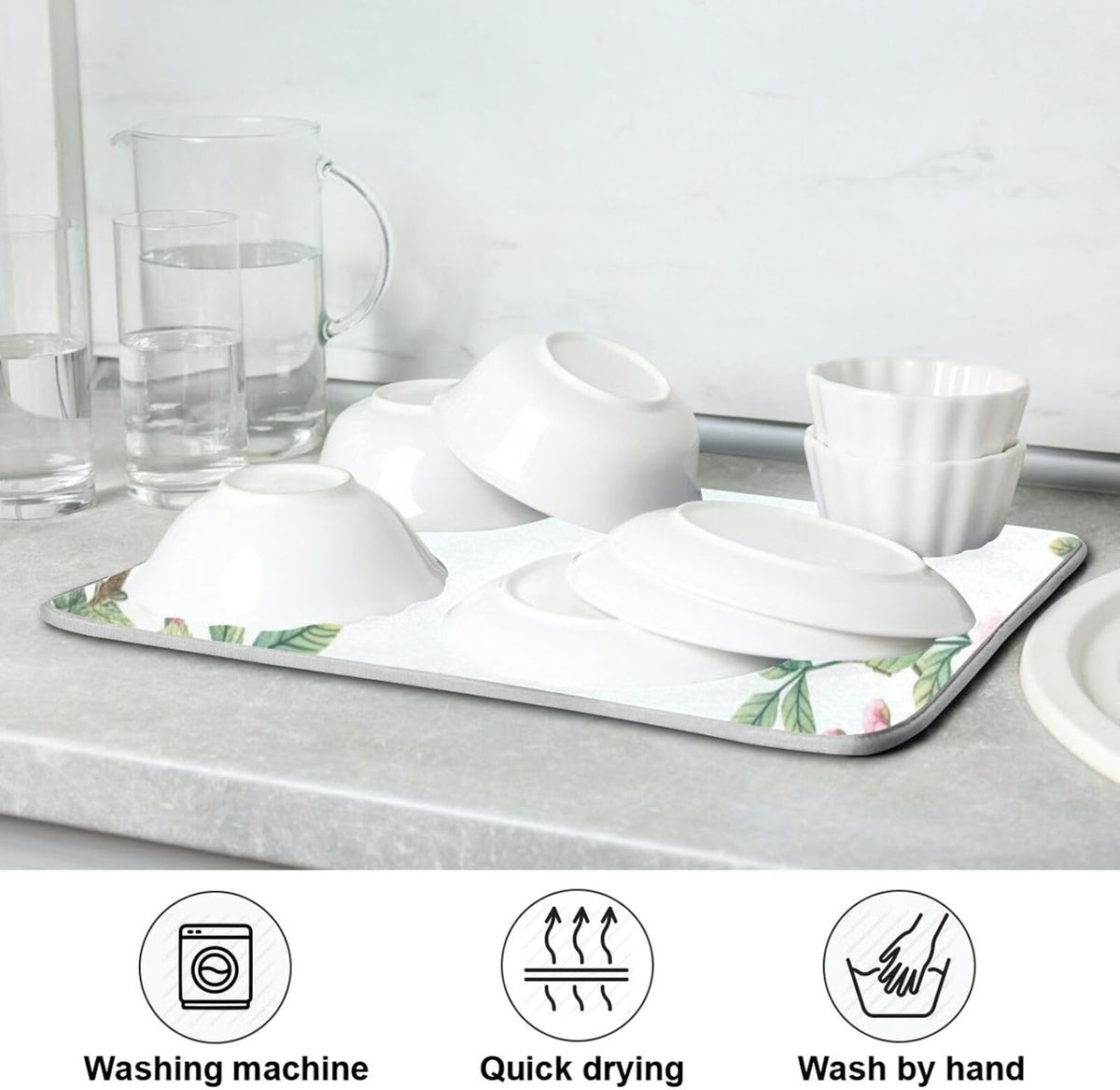 Dish Drying Mats for Kitchen Counter, Pink Floral Light Blue Coffee Bar Mat Reversible Absorbent Kitchen Drying Mat for Kitchen Counter Holiday Home Decoration Large 18 x 24 Inch