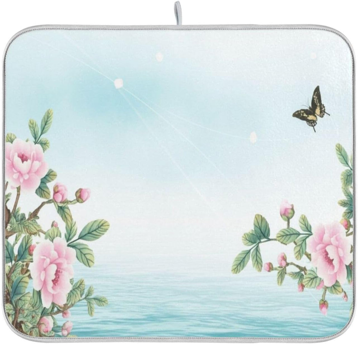 Dish Drying Mats for Kitchen Counter, Pink Floral Light Blue Coffee Bar Mat Reversible Absorbent Kitchen Drying Mat for Kitchen Counter Holiday Home Decoration Large 18 x 24 Inch