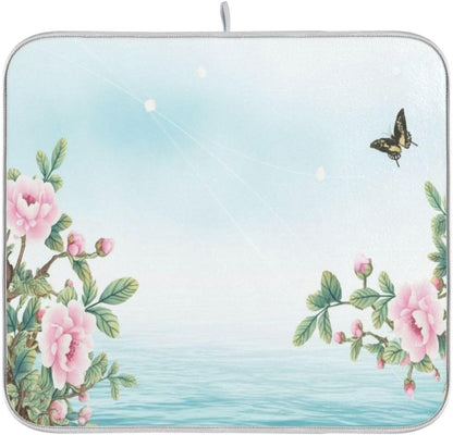 Dish Drying Mats for Kitchen Counter, Pink Floral Light Blue Coffee Bar Mat Reversible Absorbent Kitchen Drying Mat for Kitchen Counter Holiday Home Decoration Large 18 x 24 Inch
