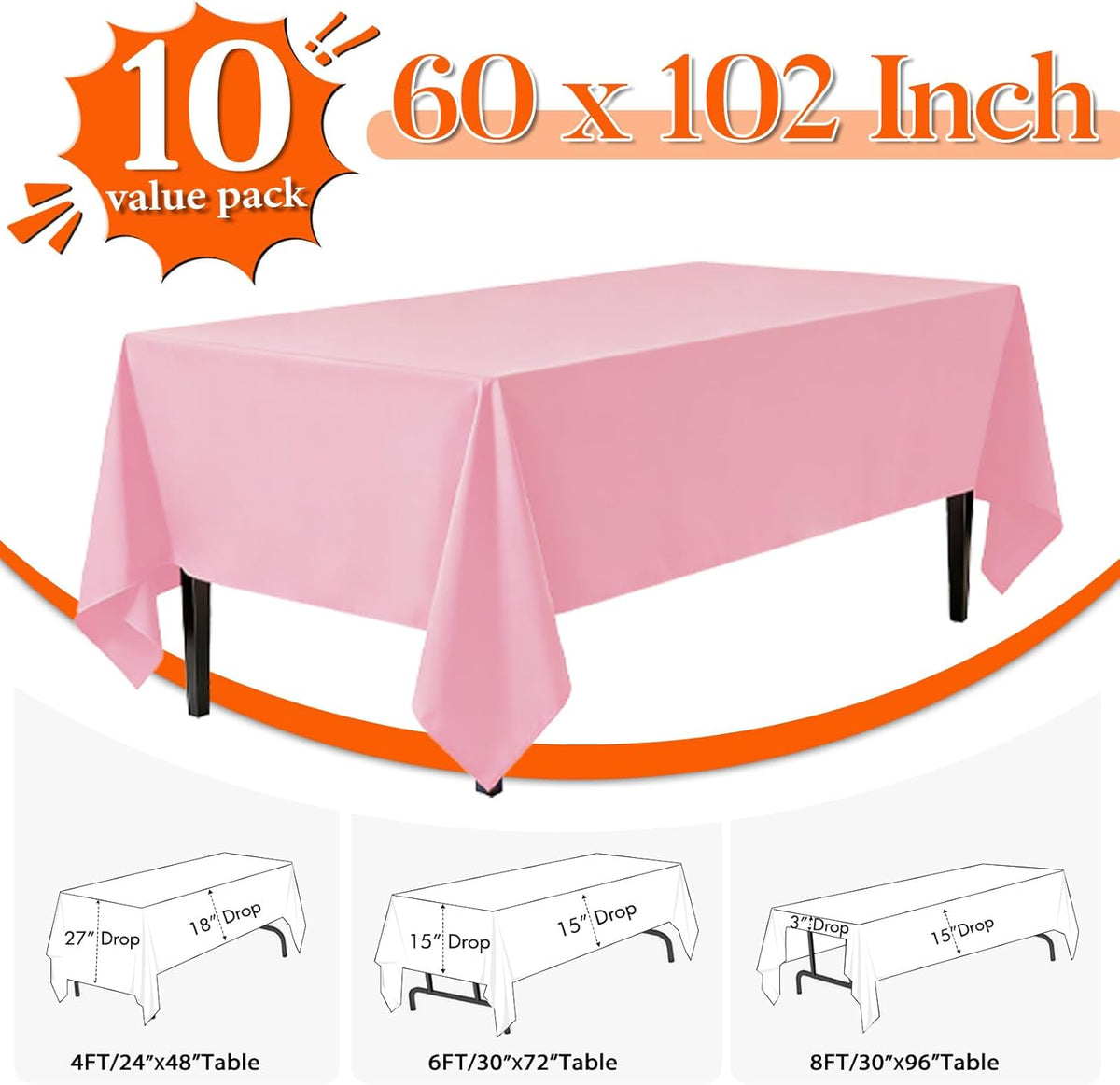 10 Pack Pink Rectangle Tablecloth 60x102 Inch for 6 Foot Tables