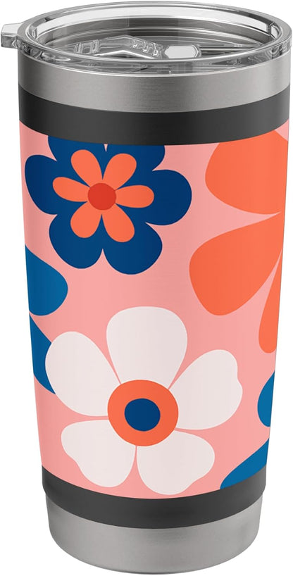 1970's Floral Pattern Blue White Red and Peach Stainless Steel Insulated Tumbler