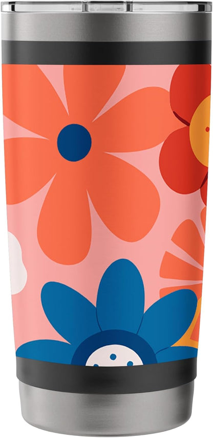 1970's Floral Pattern Blue White Red and Peach Stainless Steel Insulated Tumbler