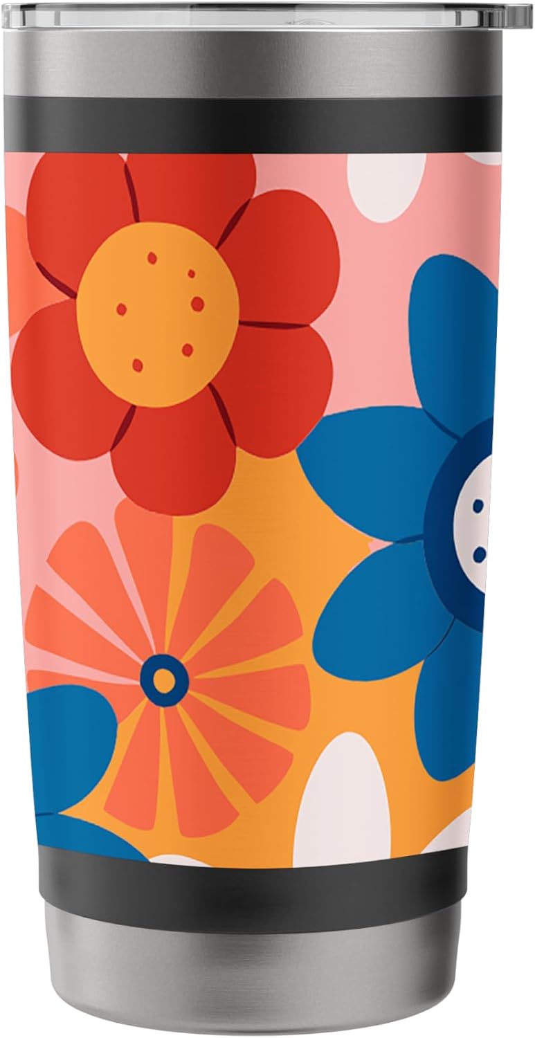 1970's Floral Pattern Blue White Red and Peach Stainless Steel Insulated Tumbler