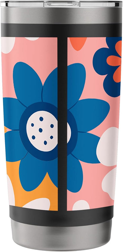 1970's Floral Pattern Blue White Red and Peach Stainless Steel Insulated Tumbler