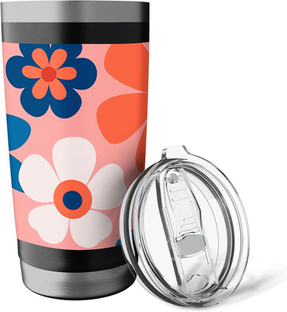 1970's Floral Pattern Blue White Red and Peach Stainless Steel Insulated Tumbler