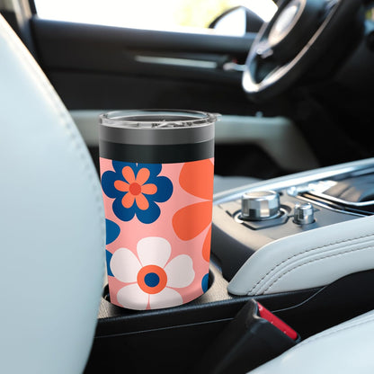 1970's Floral Pattern Blue White Red and Peach Stainless Steel Insulated Tumbler