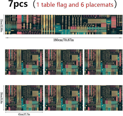 Peach Striped Pattern Placemats and Table Runner Set, Washable Linen Place Mats for Home Wedding Hotel Decoration (1 Table Runner and 6 Placemats)