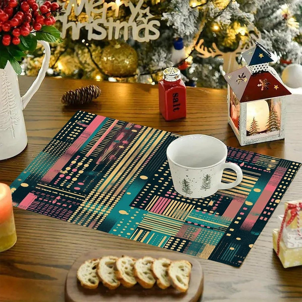 Peach Striped Pattern Placemats and Table Runner Set, Washable Linen Place Mats for Home Wedding Hotel Decoration (1 Table Runner and 6 Placemats)