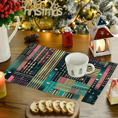 Peach Striped Pattern Placemats and Table Runner Set, Washable Linen Place Mats for Home Wedding Hotel Decoration (1 Table Runner and 6 Placemats)