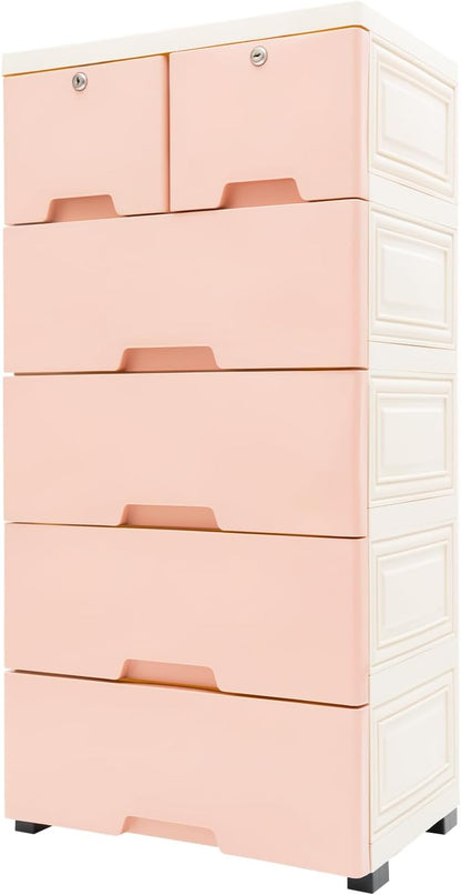 5 Layer Plastic Dressers with Drawers for Toys, 6 Drawers Plastic Drawer Storage Organizer, Storage Cabinet with Wheels and Locks, Movable Organizer Chest Closets, 40 * 19.7 * 13.8in (Pink)