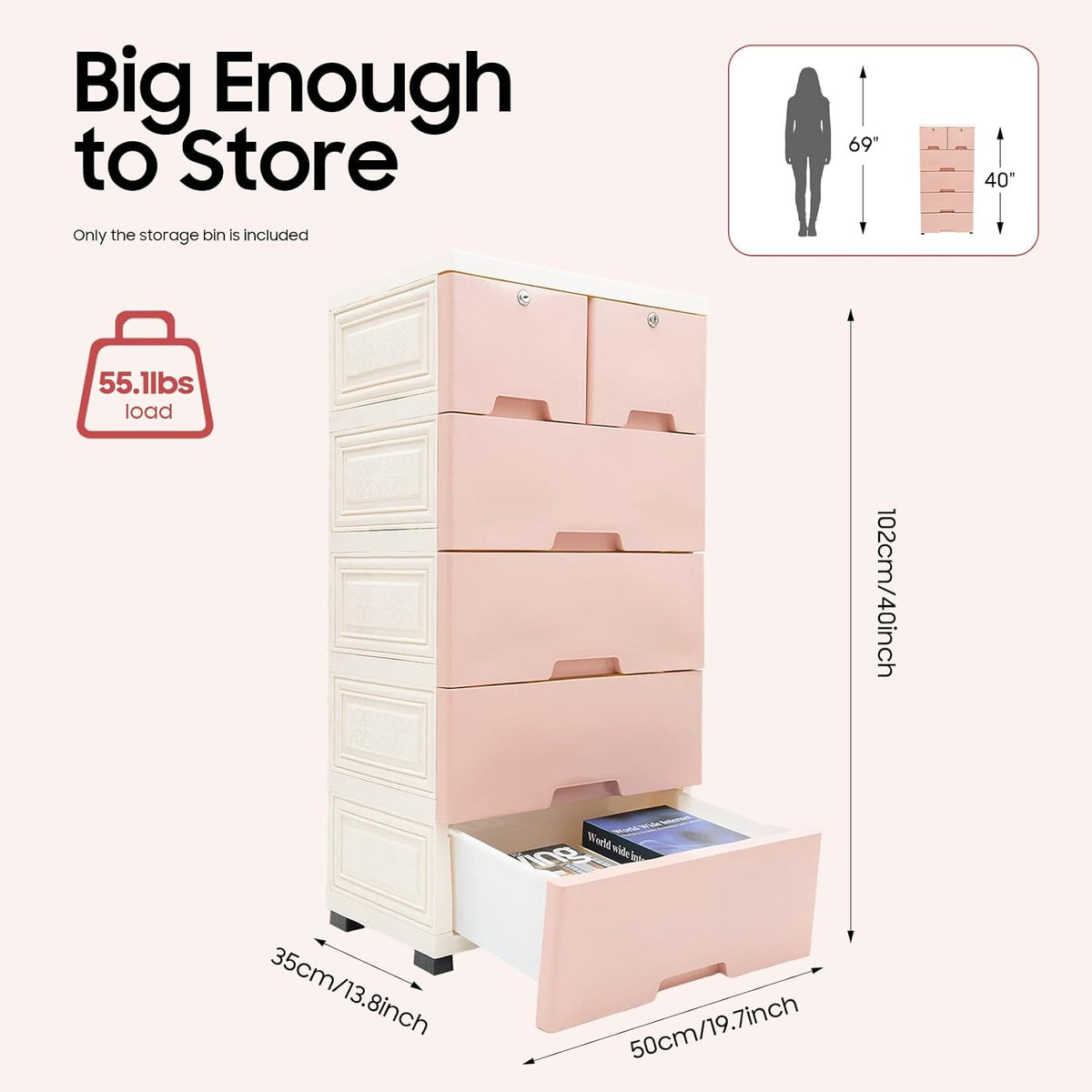 5 Layer Plastic Dressers with Drawers for Toys, 6 Drawers Plastic Drawer Storage Organizer, Storage Cabinet with Wheels and Locks, Movable Organizer Chest Closets, 40 * 19.7 * 13.8in (Pink)