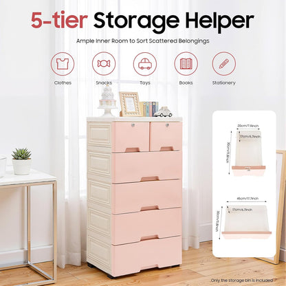 5 Layer Plastic Dressers with Drawers for Toys, 6 Drawers Plastic Drawer Storage Organizer, Storage Cabinet with Wheels and Locks, Movable Organizer Chest Closets, 40 * 19.7 * 13.8in (Pink)