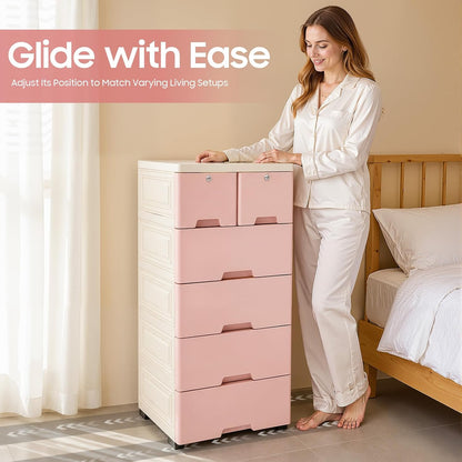 5 Layer Plastic Dressers with Drawers for Toys, 6 Drawers Plastic Drawer Storage Organizer, Storage Cabinet with Wheels and Locks, Movable Organizer Chest Closets, 40 * 19.7 * 13.8in (Pink)
