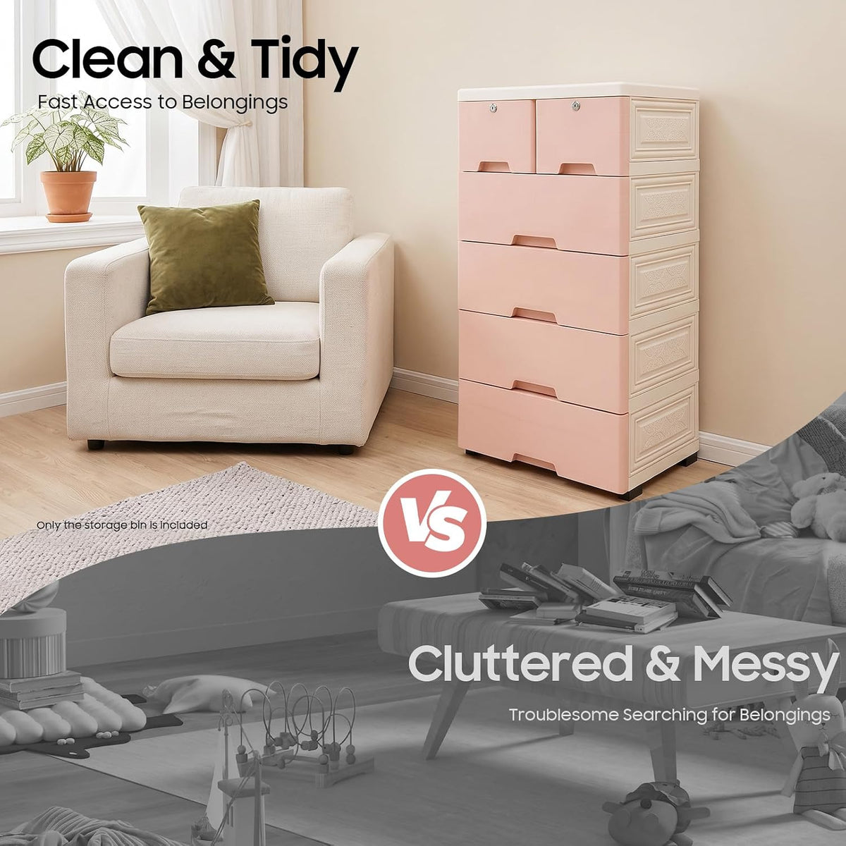 5 Layer Plastic Dressers with Drawers for Toys, 6 Drawers Plastic Drawer Storage Organizer, Storage Cabinet with Wheels and Locks, Movable Organizer Chest Closets, 40 * 19.7 * 13.8in (Pink)