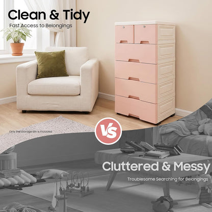 5 Layer Plastic Dressers with Drawers for Toys, 6 Drawers Plastic Drawer Storage Organizer, Storage Cabinet with Wheels and Locks, Movable Organizer Chest Closets, 40 * 19.7 * 13.8in (Pink)