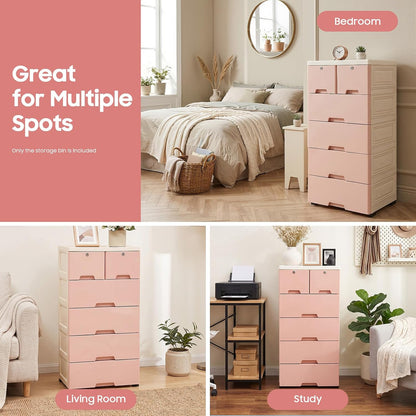 5 Layer Plastic Dressers with Drawers for Toys, 6 Drawers Plastic Drawer Storage Organizer, Storage Cabinet with Wheels and Locks, Movable Organizer Chest Closets, 40 * 19.7 * 13.8in (Pink)